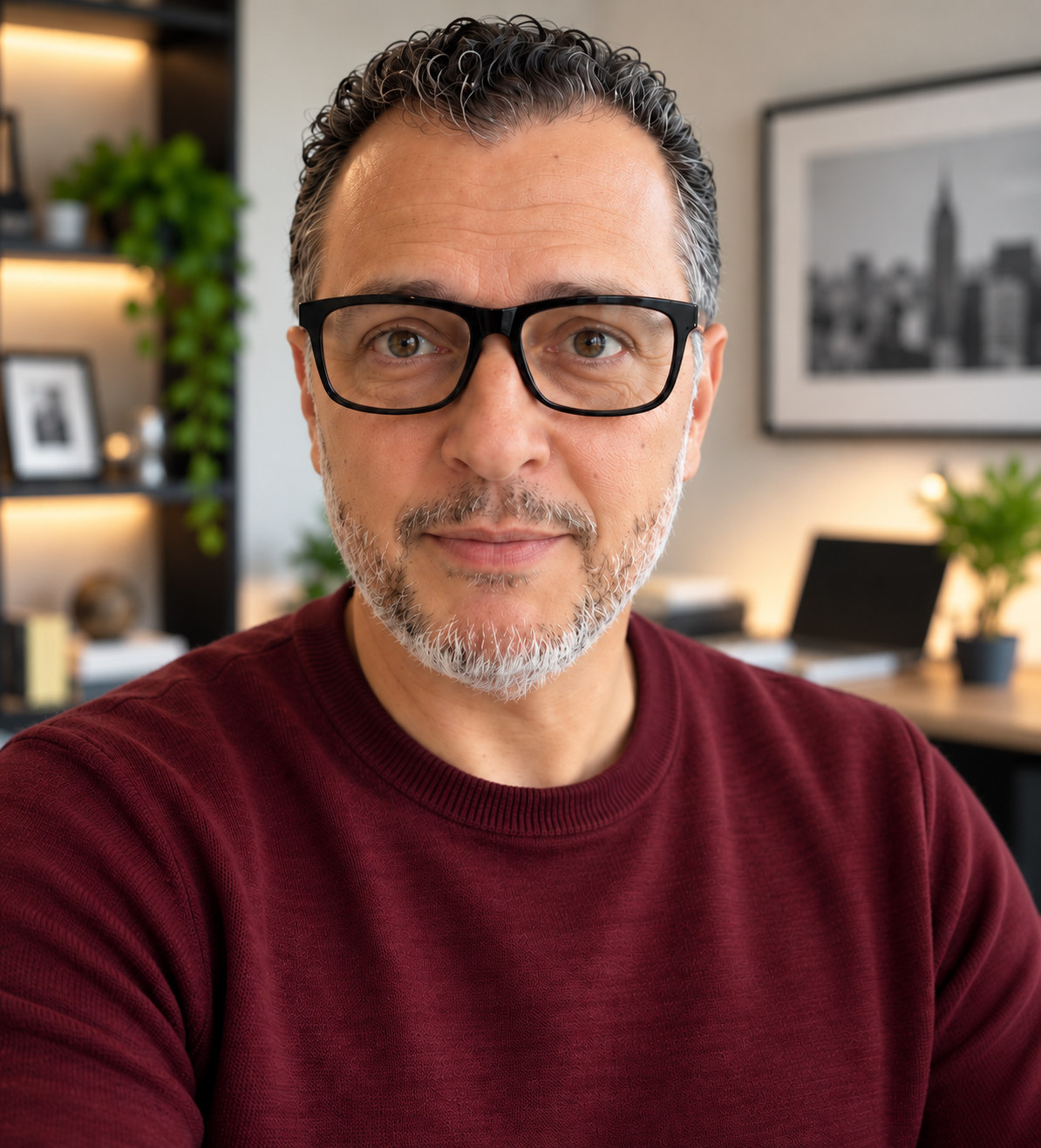 Portrait of Claudio Laniado in a burgundy sweater and black glasses.