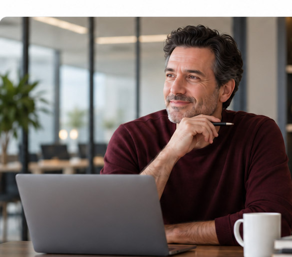 Thoughtful small-business owner working in a professional office setting.